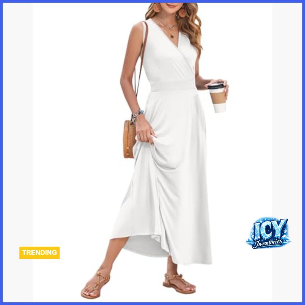 Polyester Spandex Maxi Dress with Pockets V-Neck Sleeveless Wrap - Picture 2 of 5
